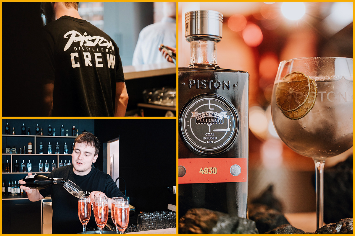 A collage of Piston Gin workers and products